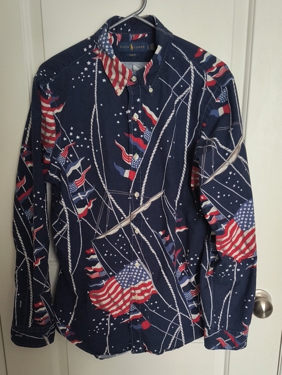 Ralph Lauren Other - Ralph Lauren Men's L Navy Button-Down Shirt with Red, White & Blue USAFlag Motif